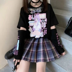 Apparel Anime Purple White Black Egirl Shooter Graphic Harajuku T Shirt & Arm Warmers -Kawaii Store kawaiies plushies plush softtoy anime purple white black e girl shooter graphic harajuku t shirt arm warmers apparel 805173
