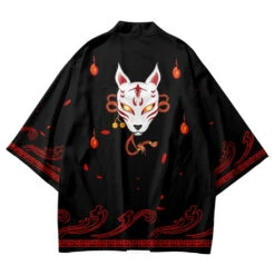 Apparel Anime White Fox Mask Black Red Unisex Kimono -Kawaii Store kawaiies plushies plush softtoy anime white fox mask black red unisex kimono kimono 192551