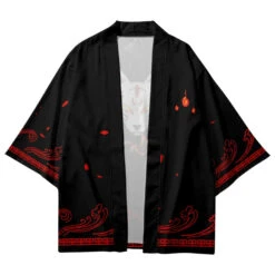 Apparel Anime White Fox Mask Black Red Unisex Kimono -Kawaii Store kawaiies plushies plush softtoy anime white fox mask black red unisex kimono kimono 576880