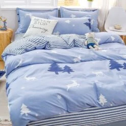 Baby Blue Stars Snow Polyester Bedding Sets -Kawaii Store kawaiies plushies plush softtoy baby blue stars snow polyester bedding sets new bedding sets 228227