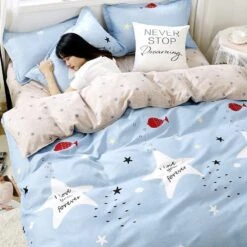 Baby Blue Stars Snow Polyester Bedding Sets -Kawaii Store kawaiies plushies plush softtoy baby blue stars snow polyester bedding sets new bedding sets stars single 764815