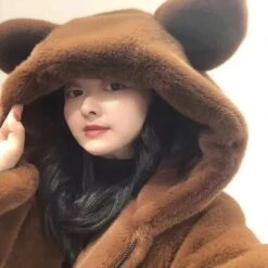 Apparel Bear Soft Faux Fur Hooded Coat -Kawaii Store kawaiies plushies plush softtoy bear soft faux fur hooded coat jacket 202444