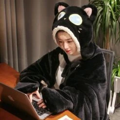 Apparel Black Cat Green Dino Plush Cape Hoodie Blanket -Kawaii Store kawaiies plushies plush softtoy black cat green dino plush cape hoodie blanket apparel 221881