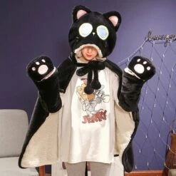 Apparel Black Cat Green Dino Plush Cape Hoodie Blanket -Kawaii Store kawaiies plushies plush softtoy black cat green dino plush cape hoodie blanket apparel 305008