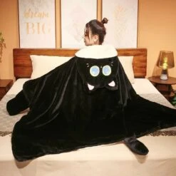 Apparel Black Cat Green Dino Plush Cape Hoodie Blanket -Kawaii Store kawaiies plushies plush softtoy black cat green dino plush cape hoodie blanket apparel 722093