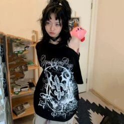Apparel Black Gothic Floral Pattern Off Shoulder Women's Tee -Kawaii Store kawaiies plushies plush softtoy black gothic floral pattern off shoulder womens tee apparel 278819