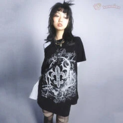 Apparel Black Gothic Floral Pattern Off Shoulder Women's Tee -Kawaii Store kawaiies plushies plush softtoy black gothic floral pattern off shoulder womens tee apparel 407028