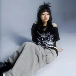 Apparel Black Gothic Floral Pattern Off Shoulder Women's Tee