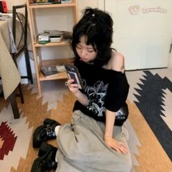 Apparel Black Gothic Floral Pattern Off Shoulder Women's Tee -Kawaii Store kawaiies plushies plush softtoy black gothic floral pattern off shoulder womens tee apparel 811158