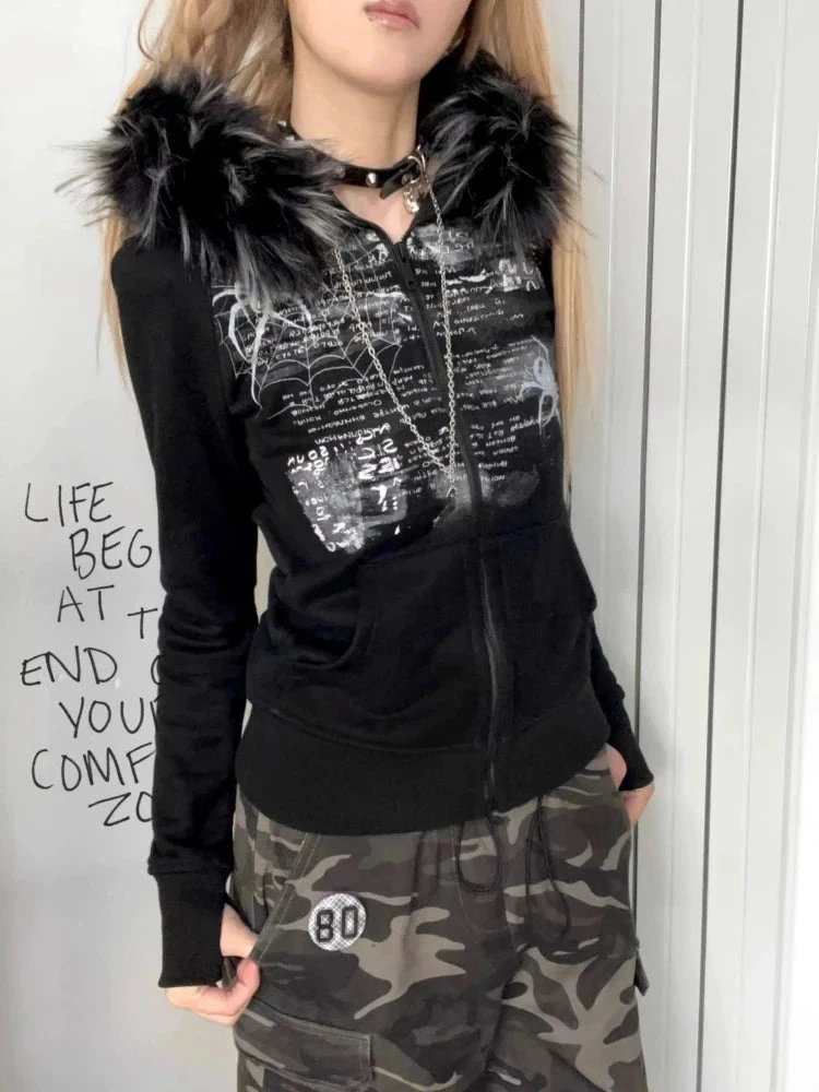 Apparel Black Gothic Fur Hood Zip-Up Jacket 4 Apparel Black Gothic Fur Hood Zip-Up Jacket - Image 2