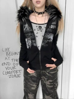 Apparel Black Gothic Fur Hood Zip-Up Jacket 10 Apparel Black Gothic Fur Hood Zip-Up Jacket -Kawaii Store kawaiies plushies plush softtoy black gothic fur hood zip up jacket apparel 714853