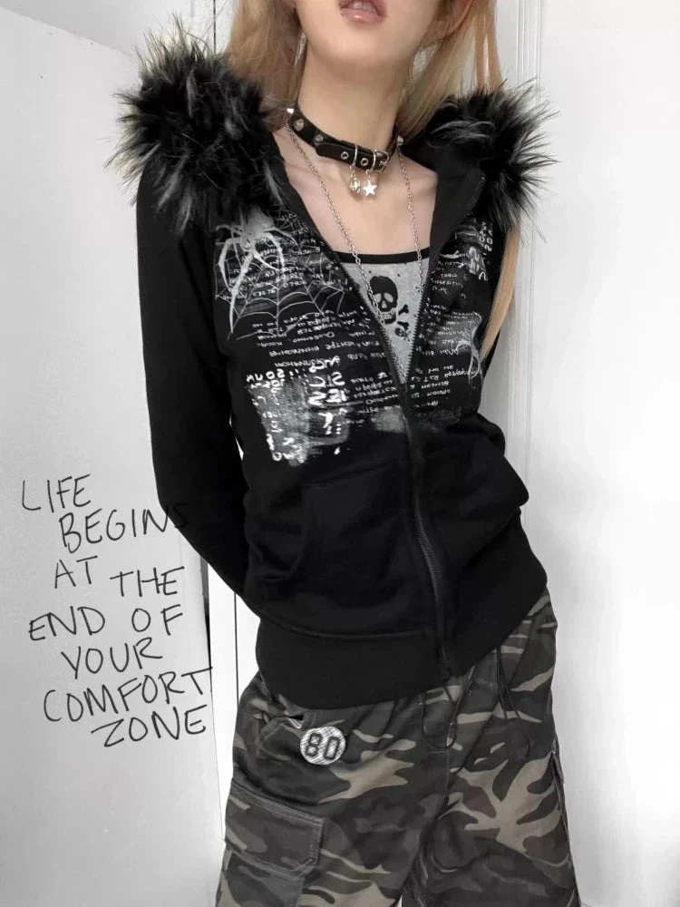 Apparel Black Gothic Fur Hood Zip-Up Jacket 7 Apparel Black Gothic Fur Hood Zip-Up Jacket - Image 5