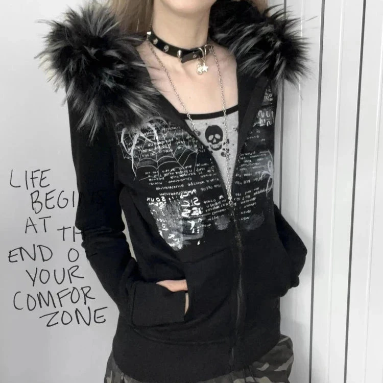 Apparel Black Gothic Fur Hood Zip-Up Jacket 3 Apparel Black Gothic Fur Hood Zip-Up Jacket