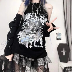 Apparel Black Gothic Harajuku Anime Off-Shoulder Long Sleeve Tee -Kawaii Store kawaiies plushies plush softtoy black gothic harajuku anime off shoulder long sleeve tee tops 166099