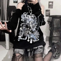 Apparel Black Gothic Harajuku Anime Off-Shoulder Long Sleeve Tee -Kawaii Store kawaiies plushies plush softtoy black gothic harajuku anime off shoulder long sleeve tee tops 613359