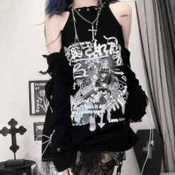 Apparel Black Gothic Harajuku Anime Off-Shoulder Long Sleeve Tee