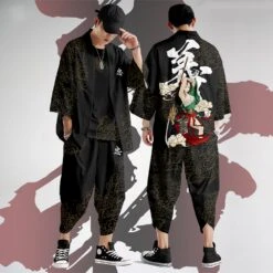Apparel Black Japanese Female Fighter Mens Two-Piece Kimono Yukata Top & Pants Sets