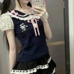 Apparel Black Japanese-themed Harajuku Panda Lace Women's Tee