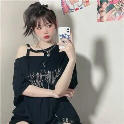 Apparel Black 'Make Up Heart' Punk Women's Oversized Tee -Kawaii Store kawaiies plushies plush softtoy black make up heart punk womens oversized tee new tops 252193