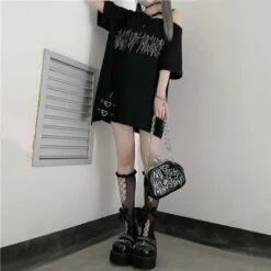 Apparel Black 'Make Up Heart' Punk Women's Oversized Tee -Kawaii Store kawaiies plushies plush softtoy black make up heart punk womens oversized tee new tops 899168