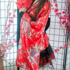 Apparel Black Red Japanese Kimono Floral Pattern Short Robe -Kawaii Store kawaiies plushies plush softtoy black red japanese kimono floral pattern short robe clothing 125208