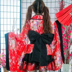 Apparel Black Red Japanese Kimono Floral Pattern Short Robe -Kawaii Store kawaiies plushies plush softtoy black red japanese kimono floral pattern short robe clothing 133427