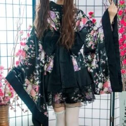 Apparel Black Red Japanese Kimono Floral Pattern Short Robe -Kawaii Store kawaiies plushies plush softtoy black red japanese kimono floral pattern short robe clothing 165487