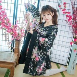 Apparel Black Red Japanese Kimono Floral Pattern Short Robe -Kawaii Store kawaiies plushies plush softtoy black red japanese kimono floral pattern short robe clothing 210116