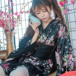 Apparel Black Red Japanese Kimono Floral Pattern Short Robe -Kawaii Store kawaiies plushies plush softtoy black red japanese kimono floral pattern short robe clothing 215068