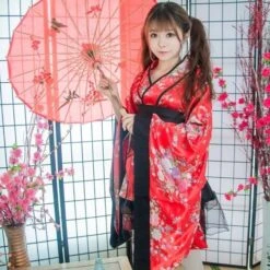 Apparel Black Red Japanese Kimono Floral Pattern Short Robe -Kawaii Store kawaiies plushies plush softtoy black red japanese kimono floral pattern short robe clothing 291959