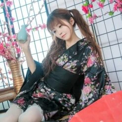 Apparel Black Red Japanese Kimono Floral Pattern Short Robe -Kawaii Store kawaiies plushies plush softtoy black red japanese kimono floral pattern short robe clothing 358406
