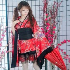 Apparel Black Red Japanese Kimono Floral Pattern Short Robe -Kawaii Store kawaiies plushies plush softtoy black red japanese kimono floral pattern short robe clothing 359739