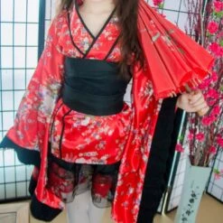 Apparel Black Red Japanese Kimono Floral Pattern Short Robe -Kawaii Store kawaiies plushies plush softtoy black red japanese kimono floral pattern short robe clothing 419945