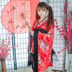 Apparel Black Red Japanese Kimono Floral Pattern Short Robe -Kawaii Store kawaiies plushies plush softtoy black red japanese kimono floral pattern short robe clothing 422330