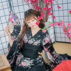 Apparel Black Red Japanese Kimono Floral Pattern Short Robe -Kawaii Store kawaiies plushies plush softtoy black red japanese kimono floral pattern short robe clothing 682948