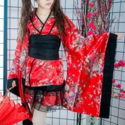 Apparel Black Red Japanese Kimono Floral Pattern Short Robe -Kawaii Store kawaiies plushies plush softtoy black red japanese kimono floral pattern short robe clothing 953439