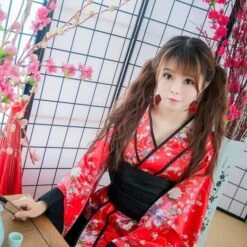 Apparel Black Red Japanese Kimono Floral Pattern Short Robe -Kawaii Store kawaiies plushies plush softtoy black red japanese kimono floral pattern short robe clothing 970481