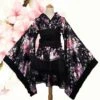 Apparel Black Red Japanese Kimono Floral Pattern Short Robe -Kawaii Store kawaiies plushies plush softtoy black red japanese kimono floral pattern short robe clothing black s 747996