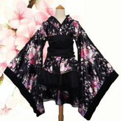 Apparel Black Red Japanese Kimono Floral Pattern Short Robe