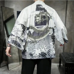 Apparel Black White Dragon Wave Unisex Kimono Top -Kawaii Store kawaiies plushies plush softtoy black white dragon wave unisex kimono top kimono 239257