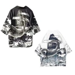 Apparel Black White Dragon Wave Unisex Kimono Top -Kawaii Store kawaiies plushies plush softtoy black white dragon wave unisex kimono top kimono 679354