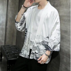 Apparel Black White Dragon Wave Unisex Kimono Top -Kawaii Store kawaiies plushies plush softtoy black white dragon wave unisex kimono top kimono 859573