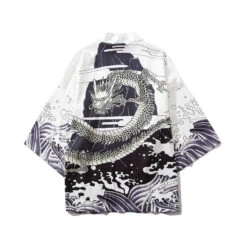 Apparel Black White Dragon Wave Unisex Kimono Top -Kawaii Store kawaiies plushies plush softtoy black white dragon wave unisex kimono top kimono white s 176583