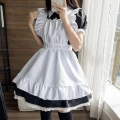 Apparel Black White Kawaii Lolita Maid Cosplay Women's Dress -Kawaii Store kawaiies plushies plush softtoy black white kawaii lolita maid cosplay womens dress new apparel 774584
