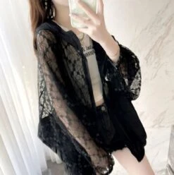 Apparel Black White Laced Hoodie Women's Hooded Jacket -Kawaii Store kawaiies plushies plush softtoy black white laced hoodie womens hooded jacket jacket 154500