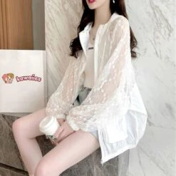 Apparel Black White Laced Hoodie Women's Hooded Jacket -Kawaii Store kawaiies plushies plush softtoy black white laced hoodie womens hooded jacket jacket 178580