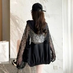 Apparel Black White Laced Hoodie Women's Hooded Jacket -Kawaii Store kawaiies plushies plush softtoy black white laced hoodie womens hooded jacket jacket 345597