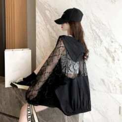 Apparel Black White Laced Hoodie Women's Hooded Jacket -Kawaii Store kawaiies plushies plush softtoy black white laced hoodie womens hooded jacket jacket 354838