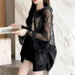 Apparel Black White Laced Hoodie Women's Hooded Jacket -Kawaii Store kawaiies plushies plush softtoy black white laced hoodie womens hooded jacket jacket 636610