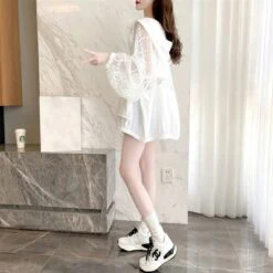 Apparel Black White Laced Hoodie Women's Hooded Jacket -Kawaii Store kawaiies plushies plush softtoy black white laced hoodie womens hooded jacket jacket 664800